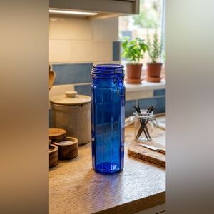 Vintage 13” Cobalt Blue Glass 12-Sided Faceted Jar - Wire Bale Locking Canister